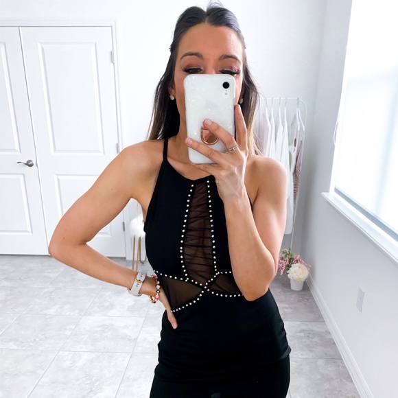 Black Halter Mesh Rhinestones Bodycon Sexy Dress - Picture 11 of 13